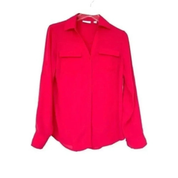 New York& Company salmon pink sheer buttondown blouse size Small EUC - Picture 1 of 7